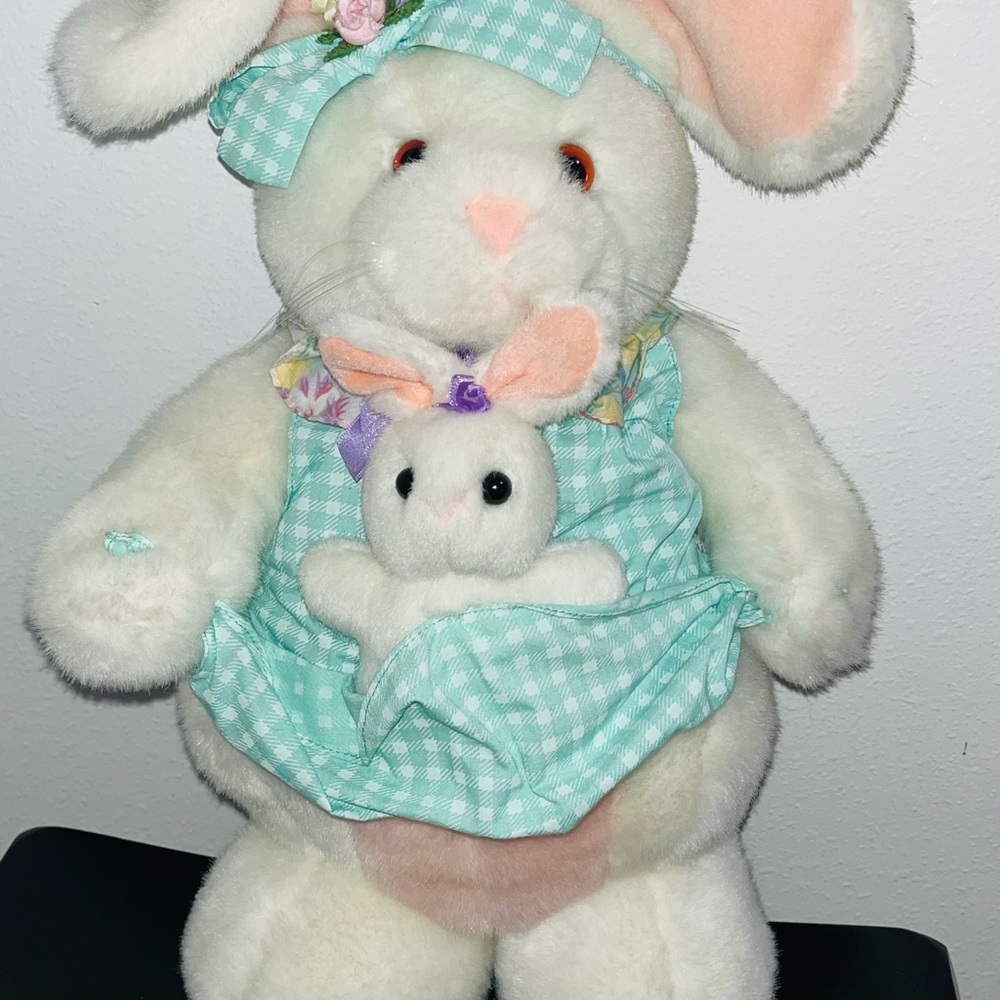 Plush Bunny Toy with Baby - White and Pink 15” tall Indonesia